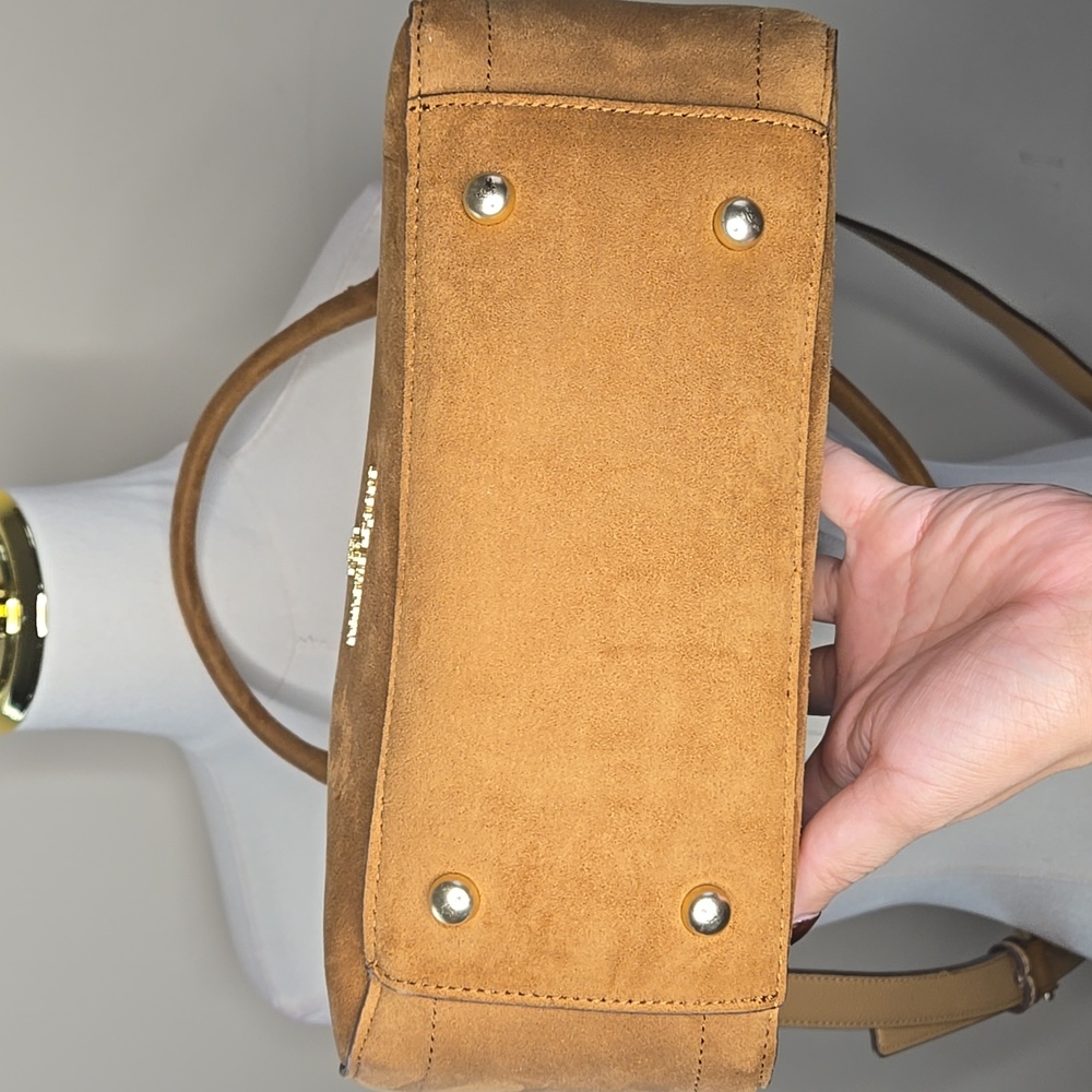 Nanette Lepore Tan Suede Purse Gold Accents Bag Charms Removable Strap Western - Picture 4 of 8